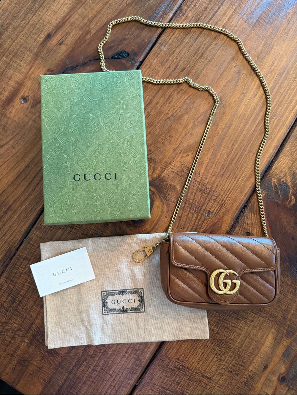 Gucci Tan Quilted GG Marmont Crossbody Bag with Gold Chain